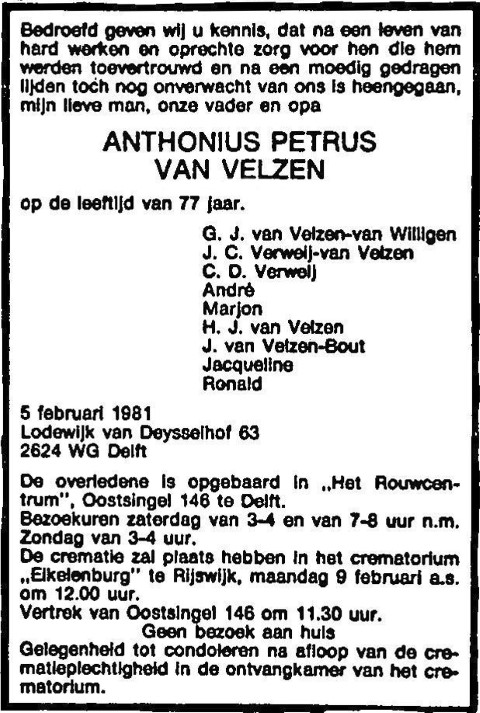 Anthonius Petrus van Velzen 1981